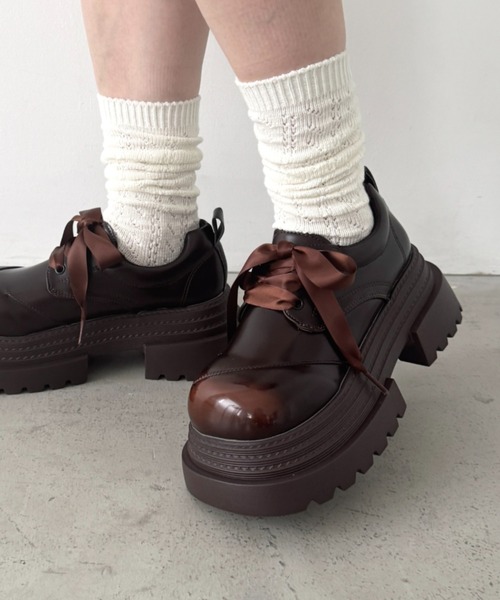 セール】【靴紐2種SET】レースアップ厚底レザーシューズ