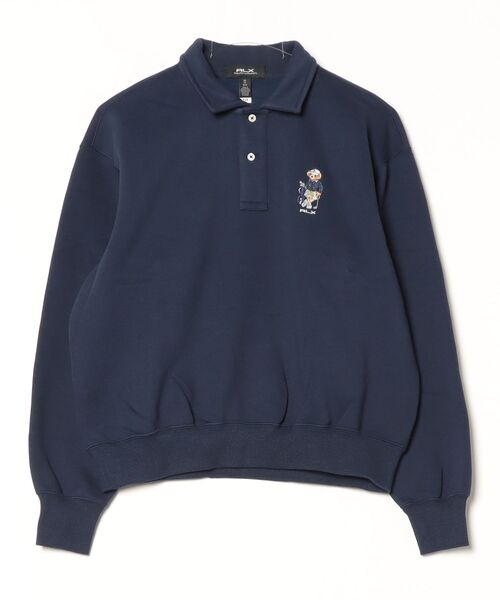【美品】RLX GOLF RALPH LAUREN ネイビー 長袖 ポロシャツ Polo ベア フリース ロングスリーブ ポロシャツ（ポロシャツ