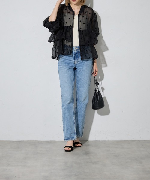 セール】フロッキードットフリルペプラムシアーブルゾン