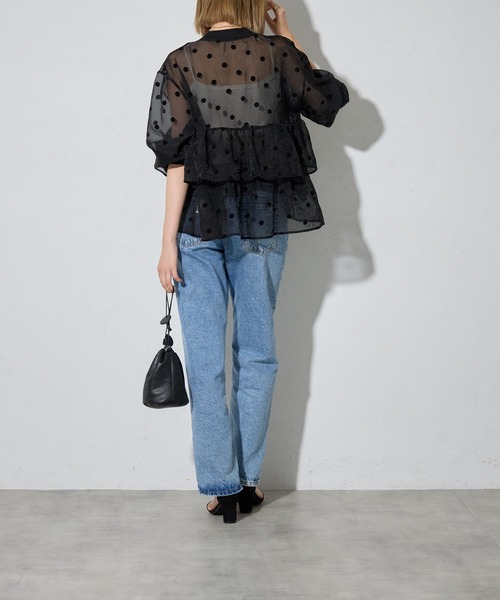 each（イーチ）の「フロッキードットフリルペプラムシアーブルゾン（ブルゾン・レディース・ブラック/グレー・FREE）」の15枚目の写真