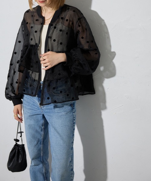 セール】フロッキードットフリルペプラムシアーブルゾン