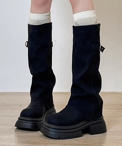 Lace Ladies(レースレディース)の「スエード調 ルーズ カバー ロング ブーツ(ブーツ・レディース・ブラック・23cm/23.5cm/24cm/24.5cm/25cm/22.5cm)」の1枚目の写真