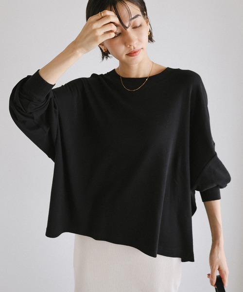 evernavy（エバーネイビー）の「ソフトフライス長袖Tシャツ 《ミドル丈/ロング丈 》（Tシャツ/カットソー・レディース・オフホワイト/ブラック/杢グレー/チョコ・M/L）」の5枚目の写真