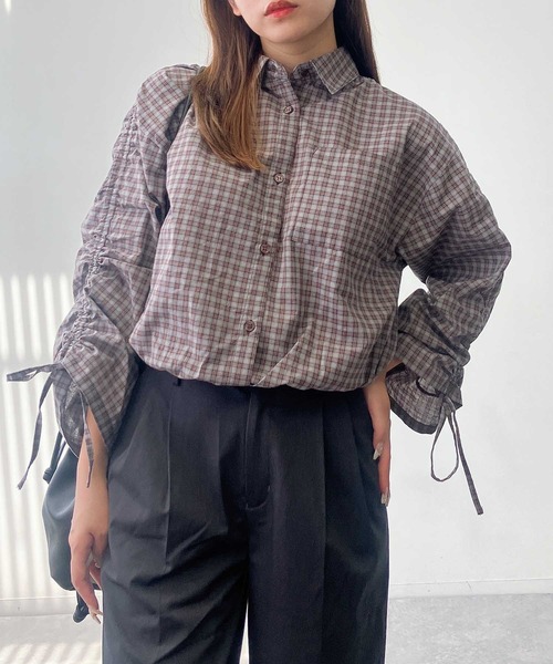 AS KNOW AS plus（アズノゥアズプラス）の「♪ポケット付き 袖ドロストデザインチェックシャツ（シャツ/ブラウス・レディース・ネイビー系/ブラウン系/ブラック系・FREE）」の5枚目の写真