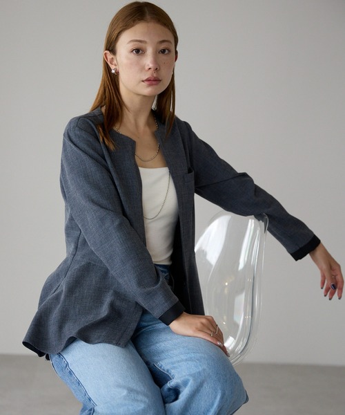 セール】マイクロ千鳥柄 2WAYノーカラーペプラムジャケット（スーツ