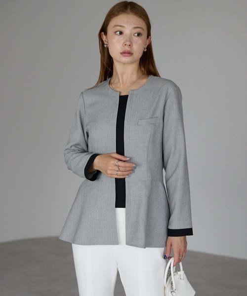 セール】マイクロ千鳥柄 2WAYノーカラーペプラムジャケット（スーツ