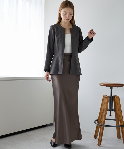 セール】マイクロ千鳥柄 2WAYノーカラーペプラムジャケット（スーツ