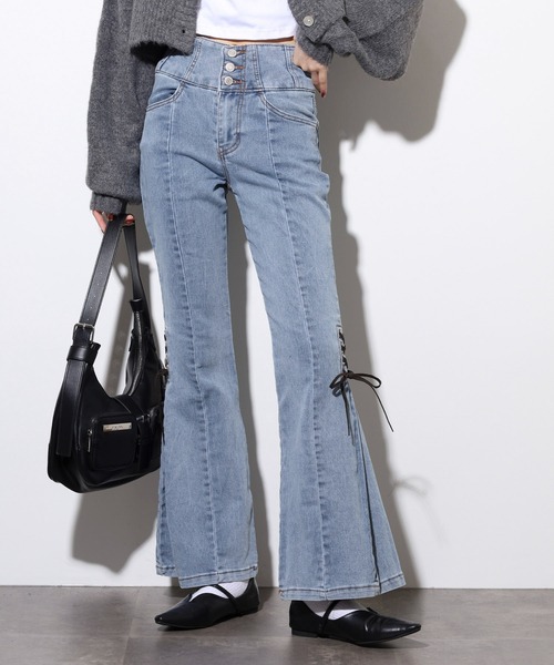 .WORKS(ドットワークス)の「.works ストレッチデニム3個釦フレアーパンツ スェードコードスピンドルレースアップ(デニムパンツ・レディース・ダークグレー/サックスブルー/ライトブルー・61/64)」の2枚目の写真
