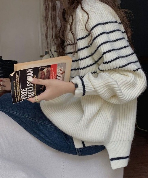 DAY CLOSET(デイ クローゼット)の「レディース 長袖ボーダー柄オーバーサイズサイドスリットリブニットトップス(ニット/セーター・レディース・ネイビー/ホワイト・FREE)」の11枚目の写真