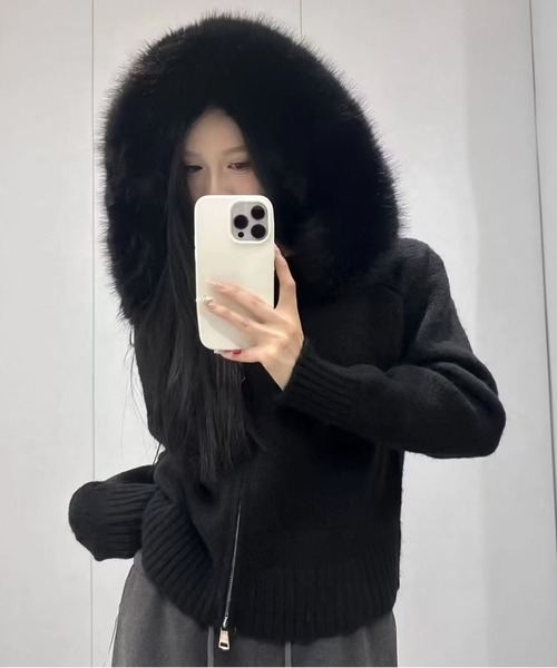 blackdia ocean(ブラックダイヤオーシャン)の「blackdia ocean Wジップ ファーフード ニット フーディー パーカー(ニット/セーター・レディース・ブラック/ダークベージュ/ホワイト/グレー・FREE)」の6枚目の写真