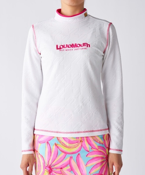 Loudmouth（ラウドマウス）の「LOUDMOUTH ラウドマウス ゴルフウェア  ワンポイント ロゴ UVカット 長袖 エンボスジャージ モックネックシャツ（シャツ/ブラウス・レディース・ピンク/ライトグリーン/ブラック/オフホワイト・S/M/L/LL）」の2枚目の写真