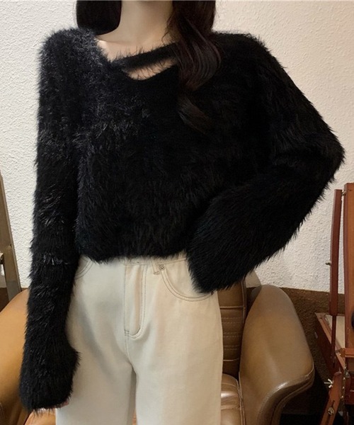 VIBGYOR（ヴィブジョー）の「ルーズシャギーVネックニット / オーバーサイズフェザープルオーバー 韓国(CZ)（ニット/セーター・レディース・ホワイト/パープル/アイボリー/ブラック・FREE）」の3枚目の写真