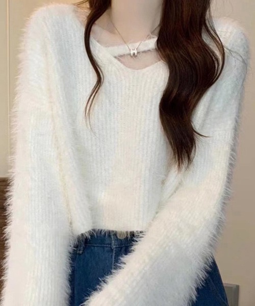 VIBGYOR（ヴィブジョー）の「ルーズシャギーVネックニット / オーバーサイズフェザープルオーバー 韓国(CZ)（ニット/セーター・レディース・ホワイト/パープル/アイボリー/ブラック・FREE）」の5枚目の写真