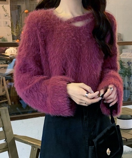 VIBGYOR（ヴィブジョー）の「ルーズシャギーVネックニット / オーバーサイズフェザープルオーバー 韓国(CZ)（ニット/セーター・レディース・ホワイト/パープル/アイボリー/ブラック・FREE）」の9枚目の写真