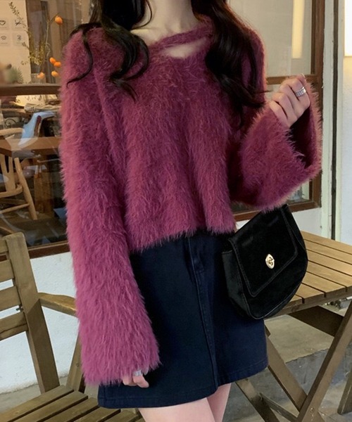 VIBGYOR（ヴィブジョー）の「ルーズシャギーVネックニット / オーバーサイズフェザープルオーバー 韓国(CZ)（ニット/セーター・レディース・ホワイト/パープル/アイボリー/ブラック・FREE）」の10枚目の写真