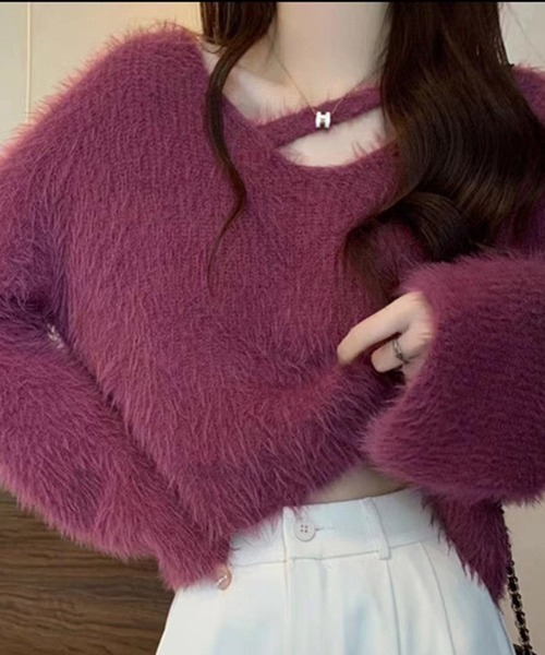 VIBGYOR（ヴィブジョー）の「ルーズシャギーVネックニット / オーバーサイズフェザープルオーバー 韓国(CZ)（ニット/セーター・レディース・ホワイト/パープル/アイボリー/ブラック・FREE）」の11枚目の写真