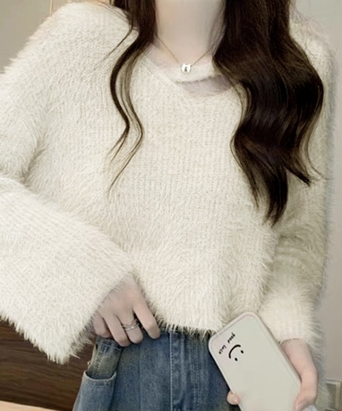 VIBGYOR（ヴィブジョー）の「ルーズシャギーVネックニット / オーバーサイズフェザープルオーバー 韓国(CZ)（ニット/セーター・レディース・ホワイト/パープル/アイボリー/ブラック・FREE）」の15枚目の写真