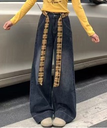 チェックベルト紐付きワイドバギーデニムパンツ