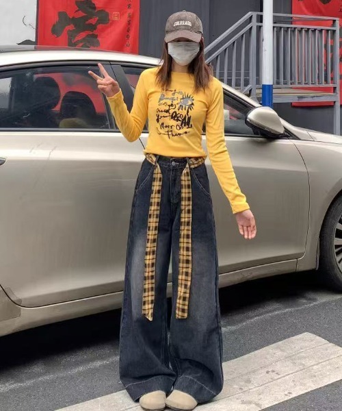 shyam inspiration（シャムインスピレーション）の「チェックベルト紐付きワイドバギーデニムパンツ（デニムパンツ・レディース・ブラック・M/L）」の12枚目の写真