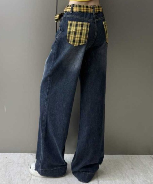 shyam inspiration（シャムインスピレーション）の「チェックベルト紐付きワイドバギーデニムパンツ（デニムパンツ・レディース・ブラック・M/L）」の10枚目の写真