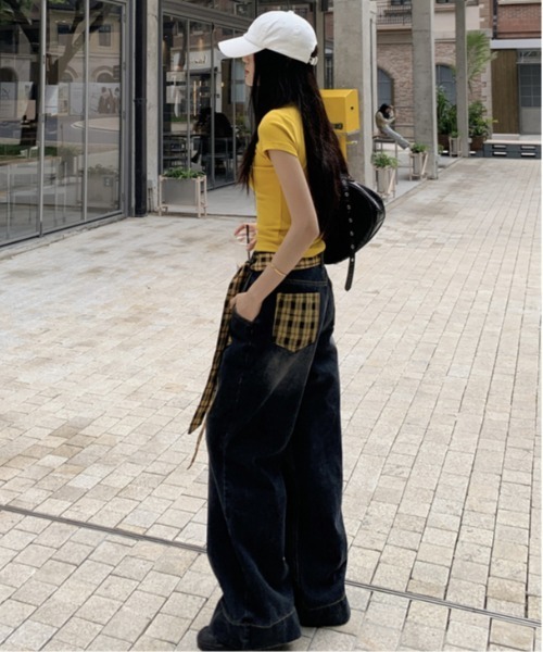 shyam inspiration（シャムインスピレーション）の「チェックベルト紐付きワイドバギーデニムパンツ（デニムパンツ・レディース・ブラック・M/L）」の7枚目の写真