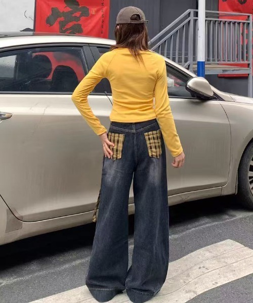 shyam inspiration（シャムインスピレーション）の「チェックベルト紐付きワイドバギーデニムパンツ（デニムパンツ・レディース・ブラック・M/L）」の6枚目の写真