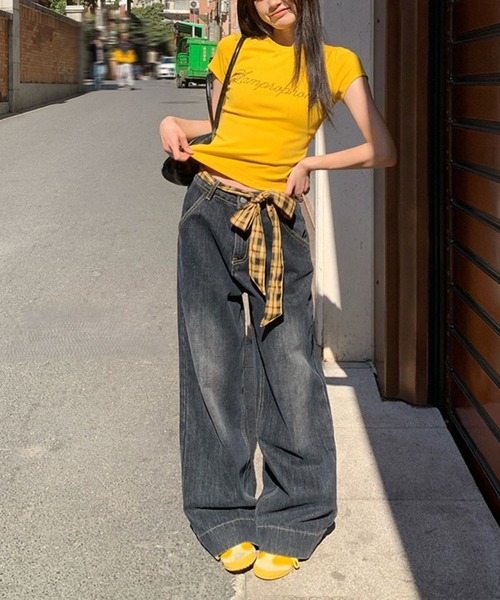 shyam inspiration（シャムインスピレーション）の「チェックベルト紐付きワイドバギーデニムパンツ（デニムパンツ・レディース・ブラック・M/L）」の22枚目の写真