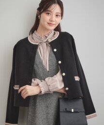 couture brooch | 【通勤・大人上品】ムースタッチジャカード 配色スカラカーディ(カーディガン/ボレロ)