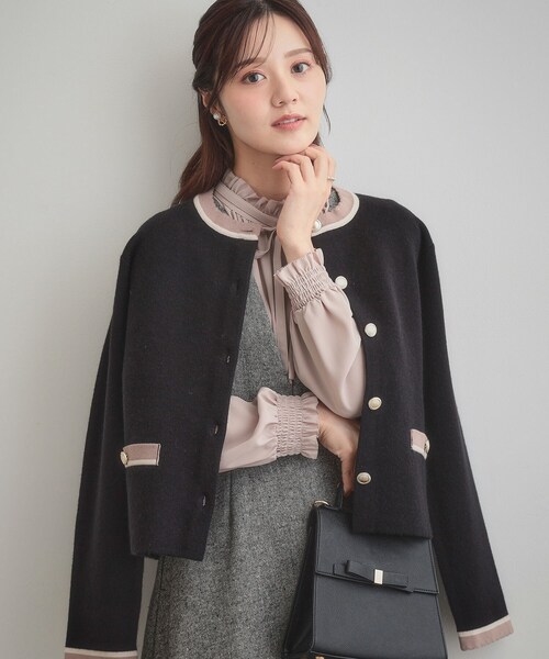 couture brooch(クチュールブローチ)の「【通勤・大人上品】ムースタッチジャカード 配色スカラカーディ(カーディガン/ボレロ・レディース・ブラック/ライトグレー/アイボリー・36/38/40/42)」の19枚目の写真