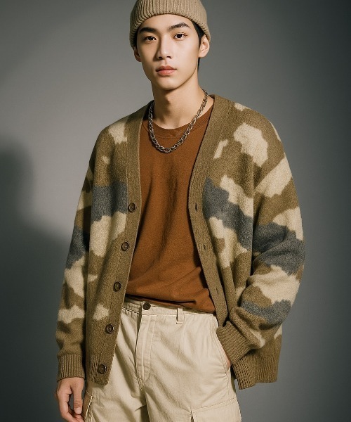 VIBGYOR(ヴィブジョー)の「【Korea Select】 カモフラ モヘアカーディガン(CN)(カーディガン/ボレロ・メンズ・ブラウン/チャコールグレー/ベージュ・FREE)」の3枚目の写真