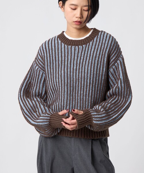 CITEN（シテン）の「＜CITEN＞ボリュームスリーブカラフルアゼニット（ニット/セーター・レディース・ブラック/オフホワイト/ダークブラウン・FREE）」の14枚目の写真