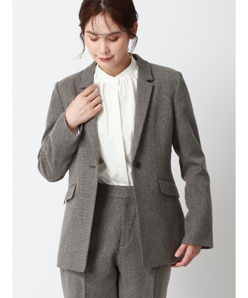 SUIT SQUARE（スーツスクエア）の「CHANTOWA ジャケット ウォッシャブル ツイードライクシャンブレー 織柄（テーラードジャケット・レディース・ベージュ/グレー・36(7号)/38(9号)/40(11号)）」の2枚目の写真