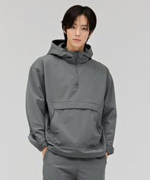 ユニセックスストレッチ裏起毛フードアノラックTシャツ-カーキ