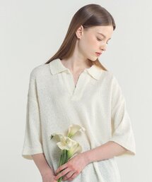 テールヤンオープンカラ半袖ニット_アイボリー