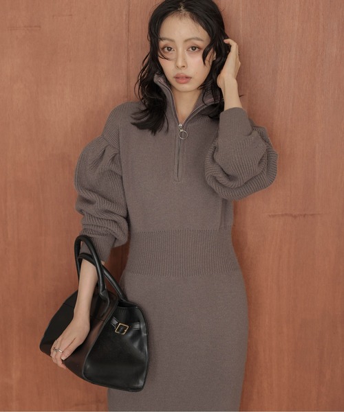 AMELY(エミリー)の「ハーフジップニットワンピース(ワンピース・レディース・ブラック/ベージュ/モカ/グレー・フリー)」の18枚目の写真