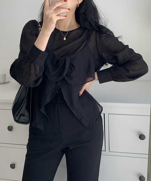 GLAMOROUS JANE(グラマラスジェーン)の「シアー長袖トップス×キャミソール 2点セット(Tシャツ/カットソー・レディース・ブラック/ホワイト・FREE)」の8枚目の写真