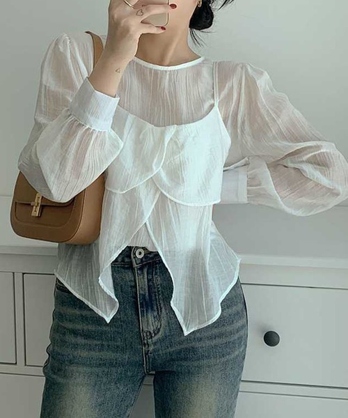 GLAMOROUS JANE(グラマラスジェーン)の「シアー長袖トップス×キャミソール 2点セット(Tシャツ/カットソー・レディース・ブラック/ホワイト・FREE)」の3枚目の写真
