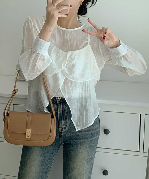 GLAMOROUS JANE(グラマラスジェーン)の「シアー長袖トップス×キャミソール 2点セット(Tシャツ/カットソー・レディース・ブラック/ホワイト・FREE)」の5枚目の写真