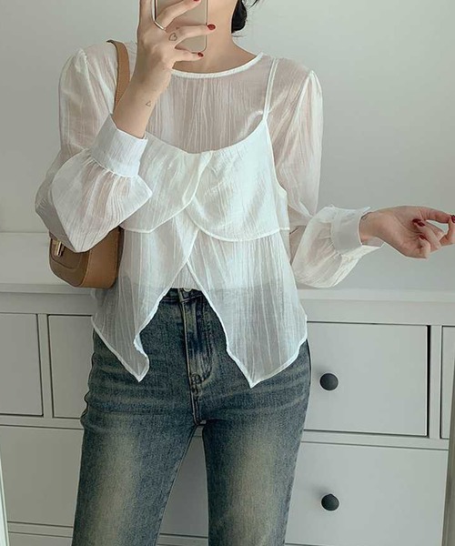 GLAMOROUS JANE(グラマラスジェーン)の「シアー長袖トップス×キャミソール 2点セット(Tシャツ/カットソー・レディース・ブラック/ホワイト・FREE)」の6枚目の写真
