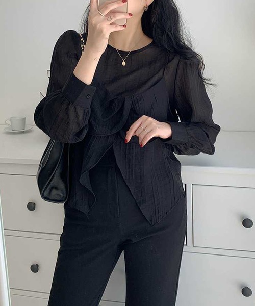 GLAMOROUS JANE(グラマラスジェーン)の「シアー長袖トップス×キャミソール 2点セット(Tシャツ/カットソー・レディース・ブラック/ホワイト・FREE)」の10枚目の写真