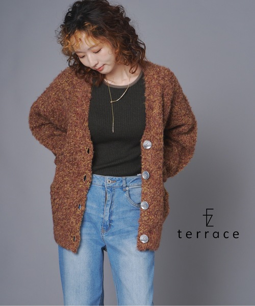 terrace(テラス)の「ブークレヤーンミックスニットカーディガン(カーディガン/ボレロ・レディース・ピンク/ブラウン×イエロー/グレイッシュベージュ/オレンジ・FREE)」の1枚目の写真