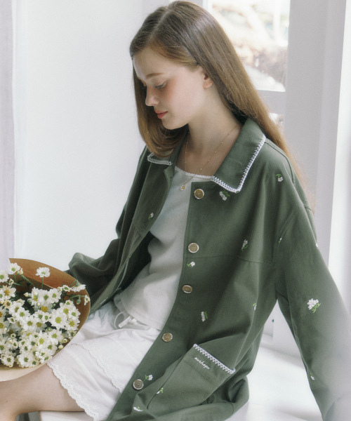 マーガレット刺繍コットンジャケット - グリーン（トレンチコート