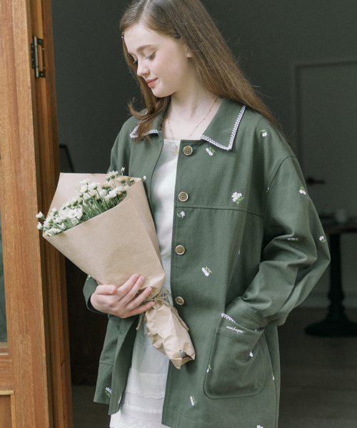 マーガレット刺繍コットンジャケット - グリーン（トレンチコート
