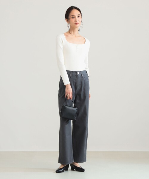 Demi-Luxe BEAMS(デミルクス ビームス)の「【8/6値下げ】16ゲージ コットン ヘンリーネック プルオーバー(ニット/セーター・レディース・ネイビー/ホワイト・ONE SIZE)」の3枚目の写真