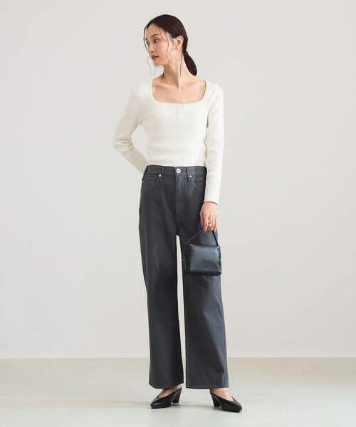 Demi-Luxe BEAMS(デミルクス ビームス)の「【8/6値下げ】16ゲージ コットン ヘンリーネック プルオーバー(ニット/セーター・レディース・ネイビー/ホワイト・ONE SIZE)」の4枚目の写真