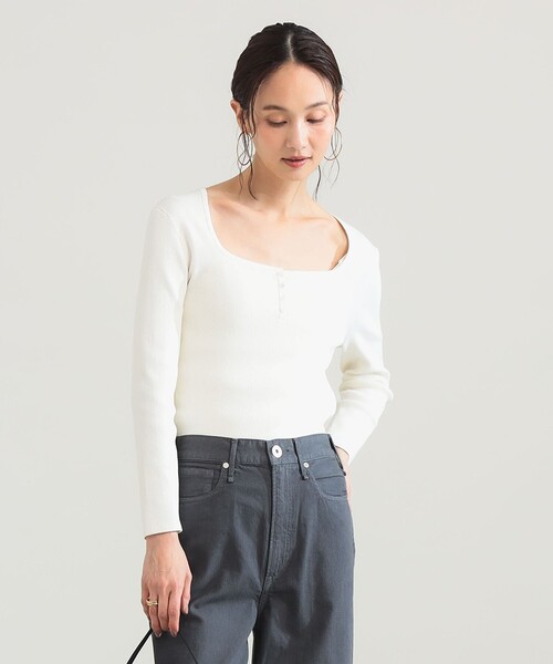 Demi-Luxe BEAMS(デミルクス ビームス)の「【8/6値下げ】16ゲージ コットン ヘンリーネック プルオーバー(ニット/セーター・レディース・ネイビー/ホワイト・ONE SIZE)」の6枚目の写真