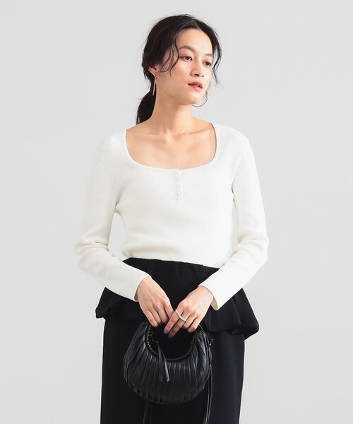 Demi-Luxe BEAMS(デミルクス ビームス)の「【8/6値下げ】16ゲージ コットン ヘンリーネック プルオーバー(ニット/セーター・レディース・ネイビー/ホワイト・ONE SIZE)」の12枚目の写真