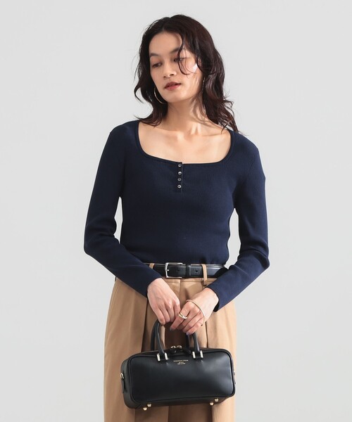 Demi-Luxe BEAMS(デミルクス ビームス)の「【8/6値下げ】16ゲージ コットン ヘンリーネック プルオーバー(ニット/セーター・レディース・ネイビー/ホワイト・ONE SIZE)」の19枚目の写真