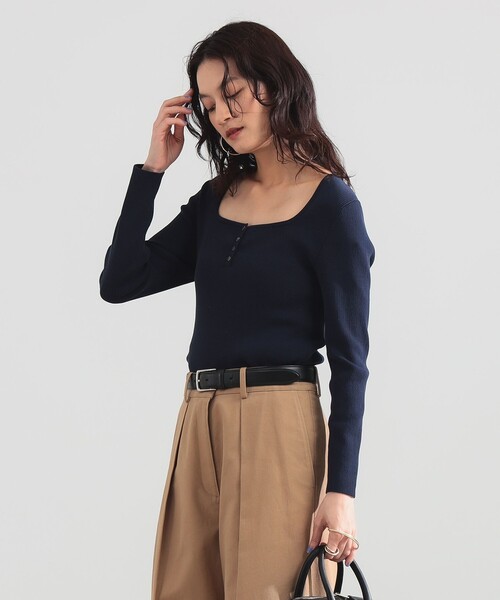 Demi-Luxe BEAMS(デミルクス ビームス)の「【8/6値下げ】16ゲージ コットン ヘンリーネック プルオーバー(ニット/セーター・レディース・ネイビー/ホワイト・ONE SIZE)」の20枚目の写真