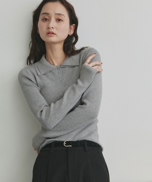 ad thie（アドティエ）の「ダブルカラー ポロニットトップス（ニット/セーター・レディース・杢グレー/ライトブルー/ブラック/オフホワイト・FREE）」の4枚目の写真